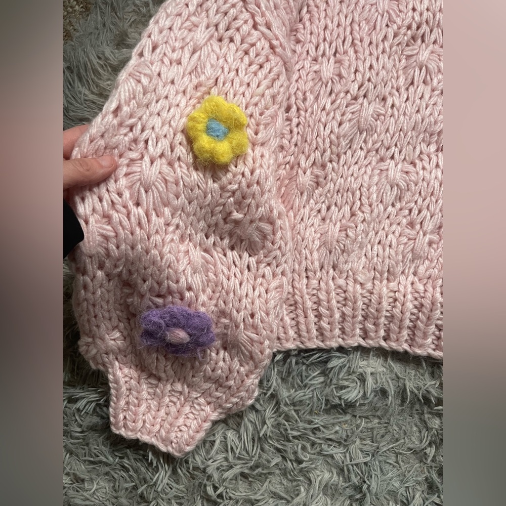 Beulahstyle Pink Chunky Crochet Sweater OS Oversized 3D Flower Knit Pullover - Picture 3 of 6